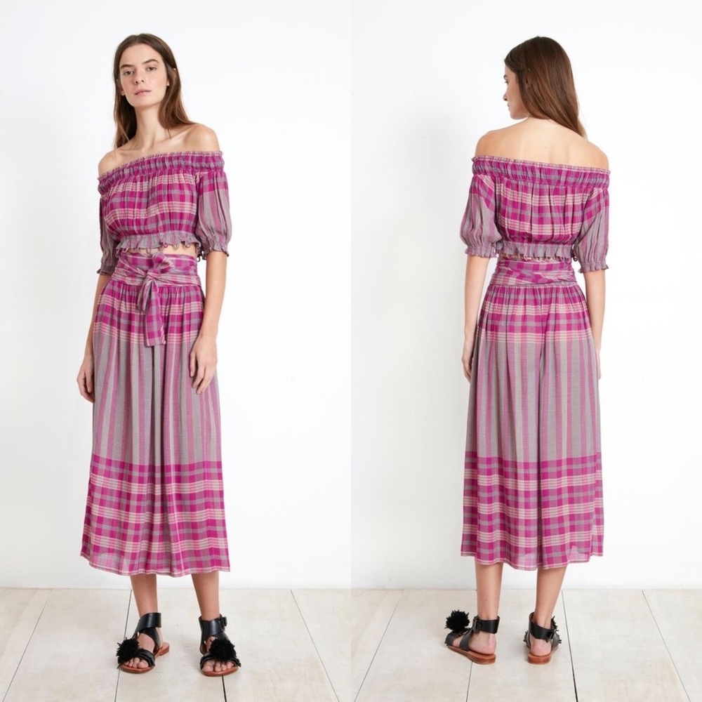 Full Set Matching Set Apiece Apart Plaid Midi Skirt & Off The Shoulder Crop Top